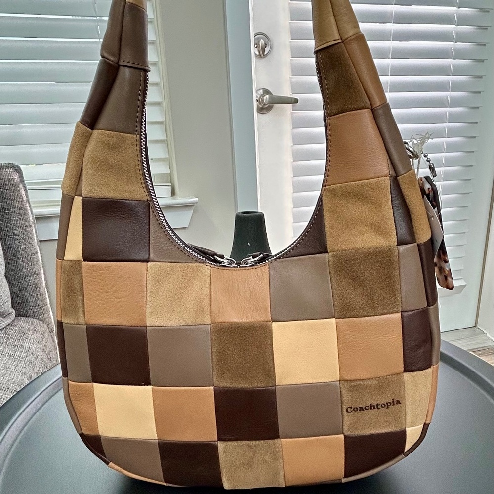 BRAND NEW!! COACHTOPIA🤎 Crescent Shoulder Bag In Checkerboard Upcrafted Suede🤎